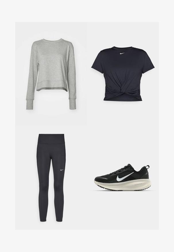 Gray cropped sweatshirt with long sleeves, made of soft fabric. Features a simple design, rounded neckline, and ribbed cuffs.; Black athletic t-shirt made of smooth fabric, featuring a knotted front design and a small white Nike logo on the chest.; Black leggings made of stretchy fabric, featuring a high waistband and a white Nike logo on the left thigh. Smooth texture, form-fitting design.; Black Nike running shoe with breathable mesh upper, white swoosh logo, textured detailing, and a cream-colored ZoomX midsole.