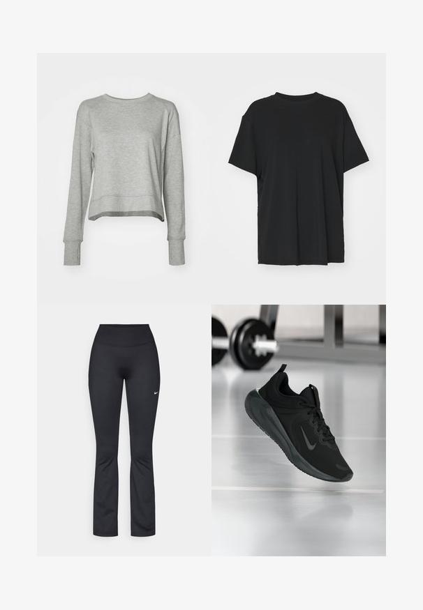Grå kortärmad sweatshirt med långa ärmar, gjord av mjukt tyg. Den har en enkel design, rundad halsringning och ribbade manschetter.; Svart kortärmad t-shirt i slätt tyg, med rund hals och lös passform. Har sidslitsar för ökad komfort och andningsförmåga.; Svarta sportleggings med hög midja, gjorda av mjukt och stretchigt tyg. Har en liten vit Nike-logotyp på vänstra låret.; Svarta sportskor med Nike-logotyp, visade mitt i luften på gymgolvet, med en suddig hantelställning i bakgrunden.