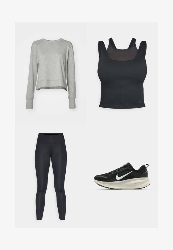 Pilkas trumpas džemperis su ilgomis rankovėmis, pagamintas iš švelnios medžiagos. Turi paprastą dizainą, apvalų iškirpimą ir megztus rankogalius.; Juodas sportinis liemenukas su prigludusia forma, plačiomis petnešomis ir tinklo apdaila priekyje. Lygus paviršius ir minimalūs siūlai. Nike logotipas apačioje.; Juodos leggingos, pagamintos iš lygios, tamprios medžiagos. Aukštas liemuo, be matomų raštų ar akcentų. Tvirtai priglunda prie kūno nuo liemens iki kulkšnies.; Juodas Nike sportinis batelis su kvėpuojančiu tinklu, baltu swoosh logotipu, tekstūruoto dizaino detalėmis ir grietinėlės spalvos ZoomX viduriu.