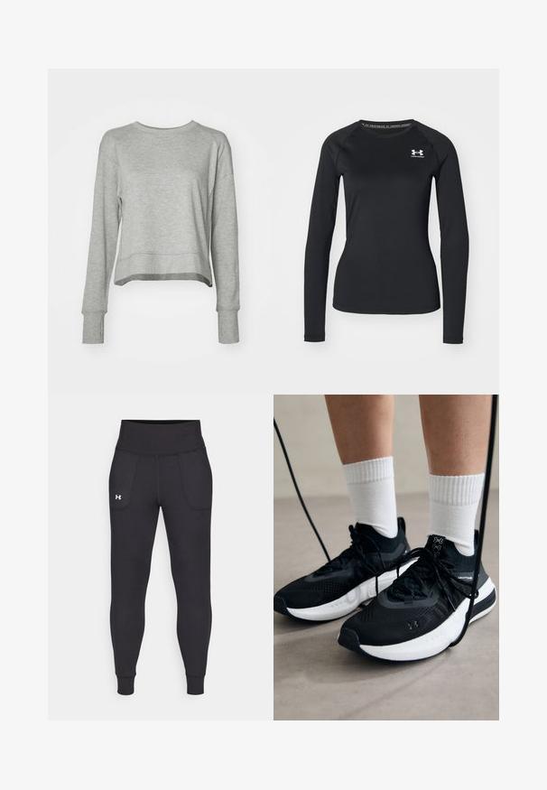Gray cropped sweatshirt with long sleeves, made of soft fabric. Features a simple design, rounded neckline, and ribbed cuffs.; Black long-sleeve athletic shirt made of smooth fabric, featuring a round neckline and a small white logo on the left chest.; Black athletic leggings made from stretchy material, featuring a high waistband, side pockets, and fitted cuffs at the ankle.; Black athletic shoes with textured fabric, white sole, and black laces. Worn with white ribbed socks, standing on a light surface.
