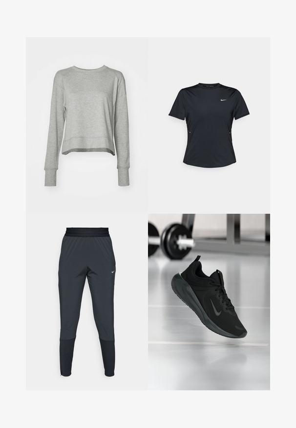 Szürke, rövidített fazonú pulóver, hosszú ujjakkal, puha anyagból készült. Egyszerű dizájn jellemzi, kerek nyakkivágással és bordás mandzsettákkal.; Fekete, rövid ujjú sportpóló, súlytalan, nedvességet elvezető anyagból készült. Kerek nyakkal és kis fehér Nike logóval a mellkason.; Nike sportnadrág sötétszürke színben, szűkített lábakkal, rugalmas derékpánttal és díszítésekkel a szárak közelében.; Fekete sportcipő Nike logóval, amely a levegőben látható az edzőterem padlóján, a háttérben elmosódott kézi súlyzó állvánnyal.