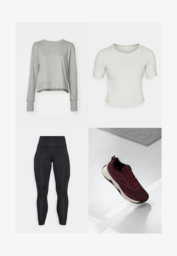 Pelēks īss krekls ar garām piedurknēm, izgatavots no mīkstas auduma. Tam ir vienkāršs dizains, noapaļots kakls un riboti aproces.; Gaiši zaļš īsām piedurknēm piegulošs T-krekls ar apaļu kakla izgriezumu, gludu tekstūru un smalku logotipu kreisajā priekšējā pusē.; Melnas augstās jostas līnijas pilna garuma legingi ar gludu audumu un redzamām šuvju detaļām priekšpusē un jostasvietā.; Tumši sarkani sporta apavi ar acu sietu augšdaļu, melniem akcentiem un mīksto balto zoli. Iespējas ar auklām un vilkšanas cilpu uz papēža.