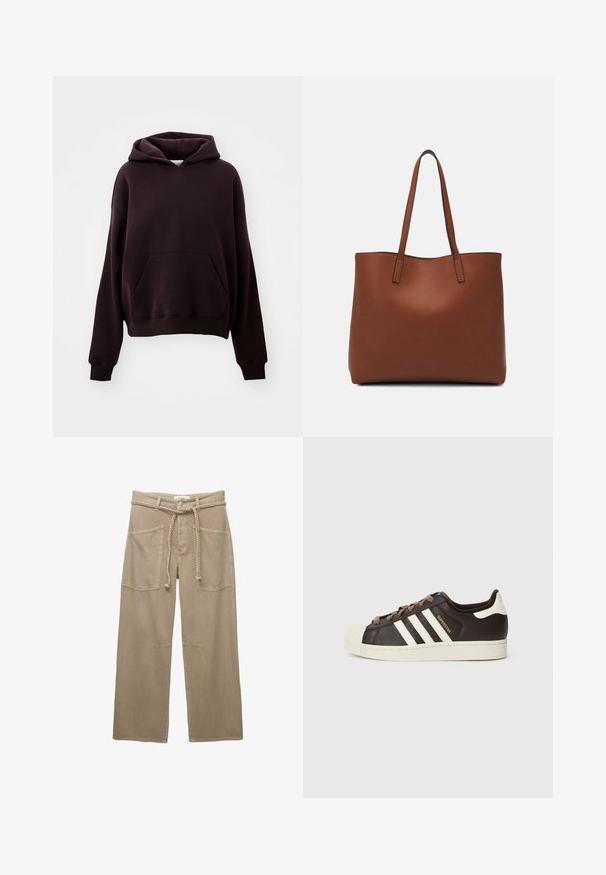Hanorac de culoare maro închis, cu glugă, buzunar frontal, mâneci largi și croială relaxată. Fabricat din material de bumbac texturat.; Pantaloni largi bej, confecționați dintr-un material durabil, având buzunare mari în față, o curea împletită și detalii subtile de cusătură.; Pantof sport Adidas Superstar cu model slip-on, din piele maro închis, cu vârf shell crem, dungi albe și inscripția „Superstar” pe lateral.; Geantă de umăr din piele maro cu o textură netedă, design cu vârf deschis și două curele pentru umăr. Prezintă cusături minime și fără componente metalice vizibile.