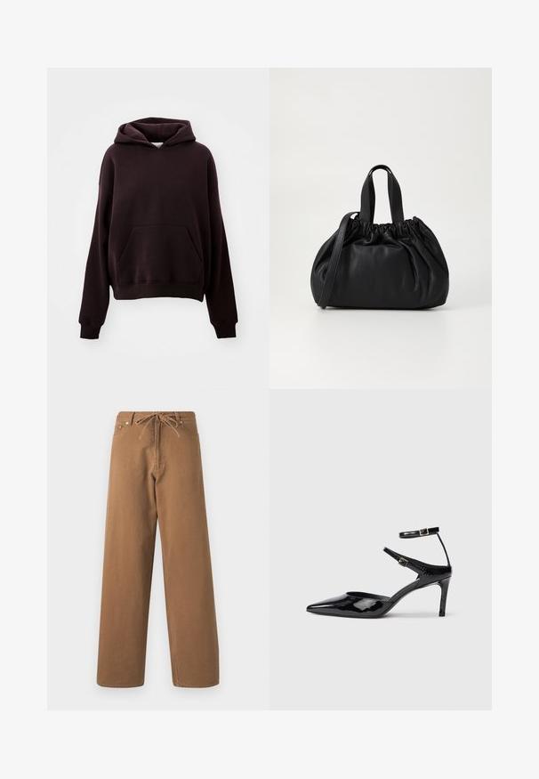Sötétbarna kapucnis pulóver, elülső zsebbe varrt zsebbel, széles ujjakkal és laza szabással. Texturált pamut anyagból készült.; Barna, bő szárú nadrág, pamutból készült, combrészes derékkal és két elülső zsebbel. Texturált anyag, sima felülettel.; Fekete lakkbőr magassarkú cipők hegyes orral, állítható bokapánttal és vékony sarokkal. Simább textúra fényes kivitelben.; Fekete bőr kézitáska, összegyűrt felső dizájnnal, két rövid fülekkel és egy hosszú, állítható pánttal. Simább textúra, lekerekített forma.