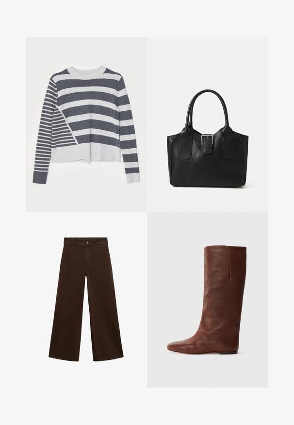 Pružni pulover s okruglim izrezom, koji sadrži mješavinu tamnosivih i svijetlosivih horizontalnih pruga različitih širina, s mekom teksturom.; Smeđe široke hlače od pamuka, s raspucanim rubom, prednjim kopčanjem na dugme i klasičnim dizajnom s pet džepova. Minimalističke i svestrane.; Smešasti kožni čizmama do koljena s šiljastim vrhom i minimalističkim dizajnom; glatka tekstura, bez vidljivih hardverskih elemenata ili ukrasa.; Crna kožna torba za nošenje s glatkom teksturom, strukturiranim oblikom, dvije ručke i istaknutim srebrnim kopčanjem na prednjoj strani.