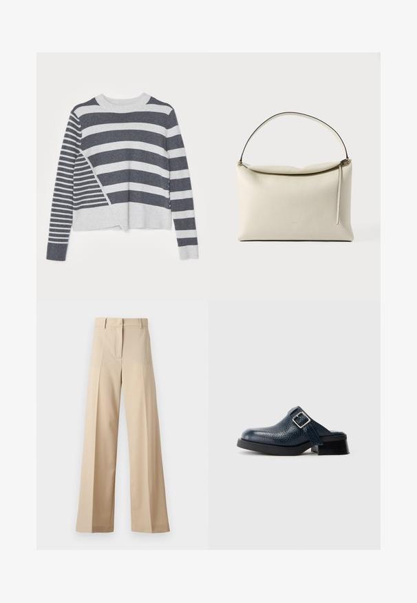 Striped sweater with a crew neckline, featuring a mix of dark gray and light gray horizontal stripes, varying widths, and a soft texture.; Beige wide-leg trousers made of smooth fabric, featuring a flat front with pleats, a zip fly, and belt loops. Tailored fit overall.; Navy blue leather clog with a textured finish, featuring a side strap and silver buckle, set on a low black heel with a sturdy sole.; Cream-colored leather handbag with a single shoulder strap, minimalist design, and a zipper pull detail on a plain background.