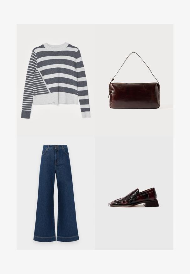 Gestreifter Pullover mit Rundhalsausschnitt, der eine Mischung aus dunkelgrauen und hellgrauen horizontalen Streifen mit unterschiedlichen Breiten und einer weichen Textur zeigt.; Weite blaue Jeans aus Denim mit hoher Taille, ausgestattet mit einem Knopfverschluss, Gürtelschlaufen und dezenten Stichdetails an den Taschen und Säumen.; Dunkelburgunderfarbene Lackleder-Loafer mit strukturiertem Finish, niedrigem Blockabsatz und klassischem Penny-Riemen-Dekor, seitlich dargestellt.; Braune Lederhandtasche mit rechteckiger Form, Reißverschluss und dünnem Schulterriemen. Glatte Textur mit dezentem Glanz und ohne sichtbare Muster.