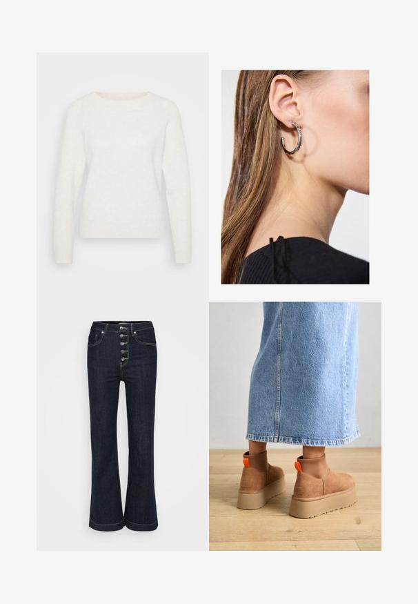 Fehér kötött pulóver hosszú ujjakkal, kerek nyakkivágással és bordás aljjal. Puha tapintású, enyhén bolyhos megjelenésű. Nincsenek látható minták.; Sötétkék, magas derekú, harangszárú farmernadrág, melynek elején öt ezüstgomb található, és kontrasztos varrás díszíti a zsebeket és az varrásokat.; Barna velúr platform csizmák elasztikus oldalsó panelekkel és narancssárga húzófülekkel, amelyek egy térdközépig érő világoskék farmer szoknyával vannak párosítva egy fás padlón.; Ez egy ezüst fülbevaló, sima felülettel, amelyen apró arany díszítőelemek találhatók. Kerek formájú és a fülcimpán viselik.