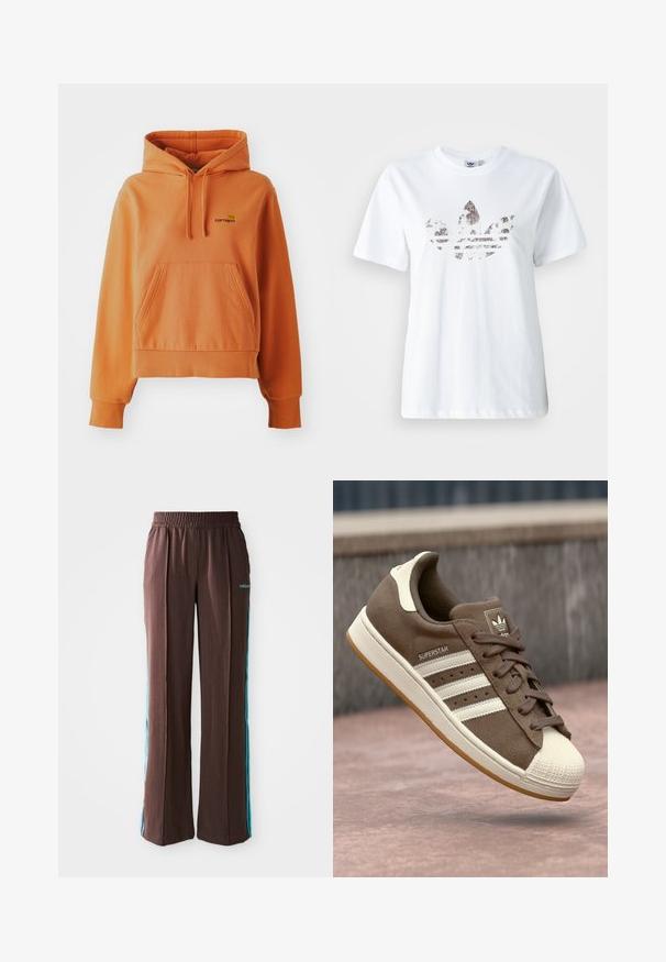 Narančasta pamučna dukserica s prednjim džepom, rebrastim manžetama i donjim dijelom, podešivom kapuljačom i izvezenim logotipom na prsima.; Bijela pamučna majica s velikim, sjajnim, tamnim grafičkim prikazom Adidas trefoil loga na prednjoj strani. Kratki rukavi i okrugli izrez.; Smeđe atletske hlače s rebrastom teksturom, elastičnim pojasom i tirkiznim bočnim trakama. Na prednjem dijelu nalazi se adidas logo.; Smeđi suedetenisice s bijelim prugama, kremastim naglascima i gumenkatom nosu. Imaju vezano dizajn i teksturiranu gumu.