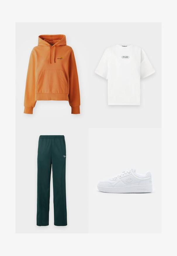 Oranžni bombažni pulover s kapuco, z voljo za shranjevanje spredaj, rebrastimi manšetami in robom, nastavljivo vrvico za kapuco ter vezenim logotipom na prsih.; Bela kratka majica s kratkimi rokavi iz bombaža, ki v središču prsnega dela vsebuje grafični logo v zeleni barvi v ovalni obliki.; Temnozeleni trenirke iz mehkega materiala, z elastičnim pasom in stranskimi šivi, ter z majhnim logotipom na sprednji strani.; Bele copate iz gladkega sintetičnega materiala, z okroglo konico, ravnim podplatom in diskretnimi logotipnimi detajli ob straneh. Klasična nizka zasnova.