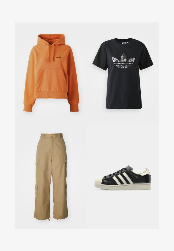 Pomarańczowy bawełniany hoodie z przednią kieszenią, ściągacze przy mankietach i dolnej krawędzi, regulowany kaptur ze sznurkiem oraz haftowany logo na klatce piersiowej.; Czarna bawełniana koszulka z krótkimi rękawami z dużą srebrno-brązową grafiką logo Adidas i trzema paskami na przodzie.; Beżowe spodnie cargo z wysokim stanem, szerokimi nogawkami i czterema dużymi bocznymi kieszeniami. Wykonane z trwałego materiału o gładkiej fakturze i minimalnych detalach.; Czarne skórzane trampki z białymi paskami, gumowym czubkiem, czarnymi sznurówkami i kremową podeszwą. Gładka faktura z połyskującym wykończeniem.