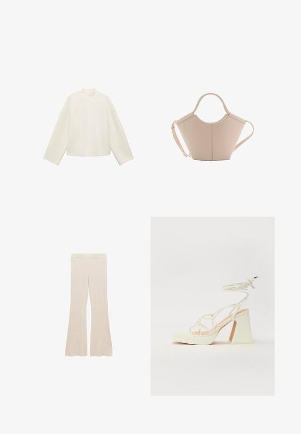 Felpa bianca e testurizzata con collo alto, spalle cadute e maniche lunghe. Design cropped con orlo dritto e cuciture minimali.; Pantaloni a zampa d'elefante a coste crema con vita liscia e finitura testurizzata, progettati per un fit confortevole.; Sandalo bianco con tacco alto, caratterizzato da un design a cinturini e un legaccio alla caviglia. Texture liscia con una piattaforma frontale per un'altezza aggiuntiva.; Borsa in pelle beige con una forma unica, caratterizzata da due manici corti e una lunga tracolla regolabile. Texture liscia con hardware minimale.