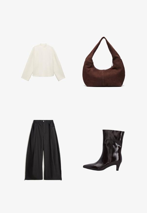 Bílá strukturovaná mikina s vysokým límcem, spadlými rameny a dlouhými rukávy. Zkrácený střih se rovnými lemy a minimem švů.; Černé kalhoty s širokými nohavicemi a vysokým pasem, s plizováním, vpředu na knoflík a se dvěma bočními kapsami. Vyrobené z tkaniny s texturovaným povrchem.; Hnědá kožená kotníková bota s špičatou špičkou a úzkým podpatkem o výšce 5 cm. Lesklá textura a bezešvý design bez viditelného kování nebo akcentů.; Hnědá semišová hobo taška s zakřiveným, širokým uchem a velkým otvorem. Měkká textura se viditelným prošíváním podél okrajů.