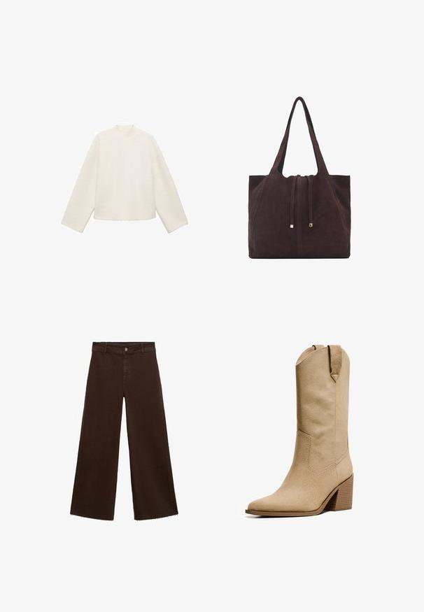 Weißes, strukturiertes Sweatshirt mit hohem Kragen, herabgesetzten Schultern und langen Ärmeln. Kurzes Design mit geradem Saum und minimalen Nähten.; Braune, weit geschnittene Hosen aus Baumwollmischung mit fransigem Saum, vorderem Knopfverschluss und klassischem Fünf-Taschen-Design. Minimalistisch und vielseitig.; Bershka HIGH-HEEL - Cowboy-/Bikerboot - beige; Mango Shopping Bag - dark brown
