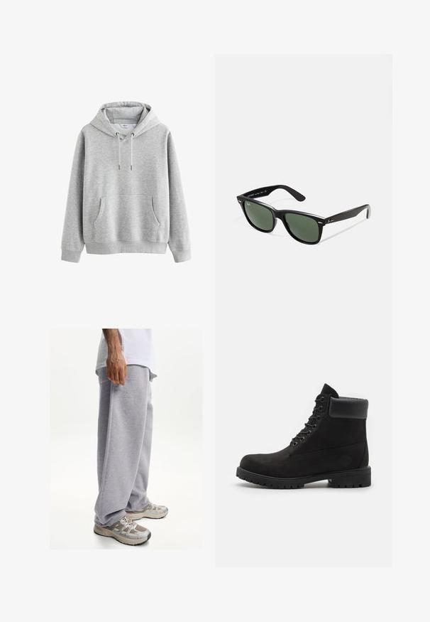 Felpa grigia in cotone con tasca frontale, cappuccio con cordino regolabile, polsini e orlo a costine. Texture liscia, design minimale, senza motivi.; T-shirt bianco in cotone con maniche corte, scollatura tonda e linea dritta. Texture liscia senza motivi o dettagli visibili.; Pantaloni sportivi grigi realizzati in tessuto morbido, con una vestibilità ampia e una cintura elastica. Abbinati a scarpe da ginnastica beige e grigie.; Stivale alla caviglia nero con lacci, colletto imbottito e suola robusta, mostrato in profilo su uno sfondo bianco.; Occhiali da sole in plastica nera con lenti verdi, montatura quadrata, dettaglio argento sulla parte superiore e steli con texture. Marchio indicato sulla parte interna dello stelo.; Sciarpa nera con estremità frangiate; realizzata in materiale morbido e con una consistenza liscia. Forma rettangolare, adatta a diverse opzioni di styling.
