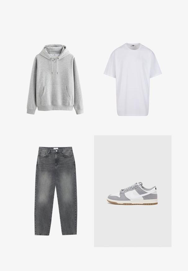 Haut en coton gris avec poche avant, capuche ajustable à cordon, poignets et ourlet côtelés. Texture lisse, design minimal, sans motifs.; T-shirt en coton blanc avec des manches courtes, un col rond, une coupe décontractée et sans logos ni motifs visibles. Texture lisse et design minimaliste.; Jean taille haute, décontracté en denim noir délavé. Comprend cinq poches, des passants de ceinture et un design de jambe droite épurée.; Baskets grises et blanches avec un dessus en suède et cuir, bout rond, lacets plats et semelle en caoutchouc avec une touche de gomme.