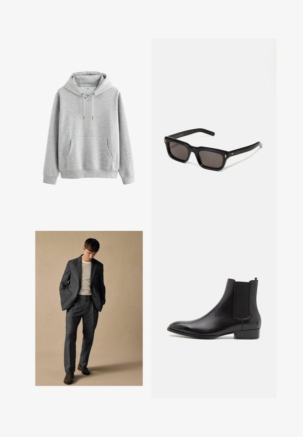 Hanorac gri din bumbac, cu un buzunar frontal, glugă ajustabilă cu șnur, manșete și tiv ribbed. Textură netedă, design minimal, fără modele.; Costum gri, ajustat, cu rever în formă de denivelare și buzunare în față, asociat cu o cămașă cu dungi. Pantalonii au o croială lejeră și detalii de pliuri. Pantofi maronii.; ALDO BERT - Botine clasice - black; Ochelari de soare negri, rectangul care au lentile întunecate, ramă din plastic gros, accente aurii pe brațe și logo-ul brandului gravat pe mâner.