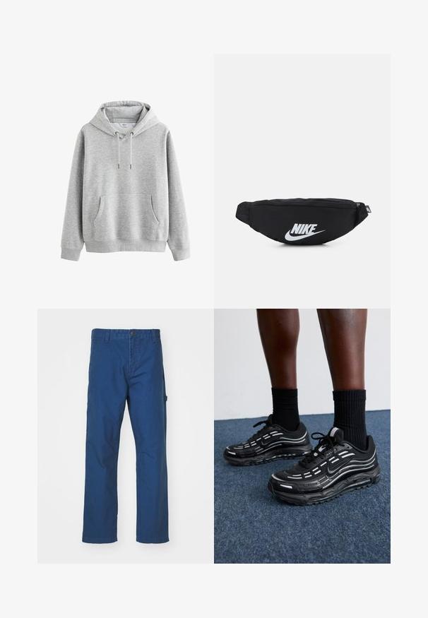 Sivi pamučni dukserica s prednjim džepom, podesivom kapuljačom s uzicom, rebrastim manžetama i donjim rubom. Glatka tekstura, minimalistički dizajn, bez uzoraka.; Plave pamučne twill hlače s ravnim nogavicama, koje imaju zatvaranje na dugme i bočnu džep. Glatka tekstura, bez vidljivih uzoraka ili akcenta.; Crne Nike tenisice imaju gornji dio od mrežaste tkanine s naglasnim prugama, teksturiranim vezicama i crnom gumenom potplatom. Nosedne su s crnim rebrastim čarapama.; Crni najlon fanny pack sa zatvaranjem na zip, s velikim bijelim Nike logotipom. Glatka tekstura i ergonomski dizajn za udobno nošenje.