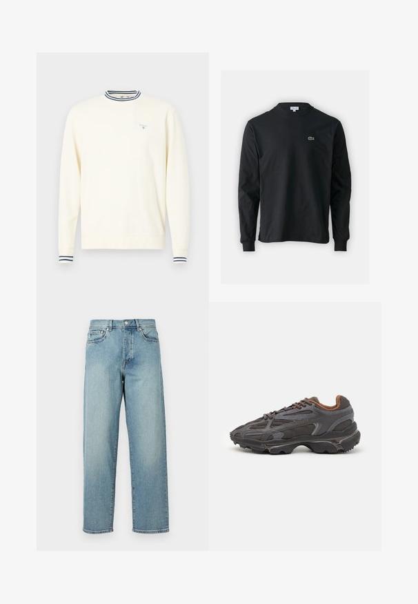 Tejfehér színű pulóver hosszú ujjal, csíkos sötétkék és fehér bordás gallérral és mandzsettákkal, a mellrészen egy kicsi kék logóval.; Fekete hosszú ujjú pamut póló, kerek nyakkivágással, bal mellen egy kis zöld hímzett krokodil logóval.; Világoskék farmernadrág laza szabással, egyenes lábakkal, öt zsebes dizájnnal és gombos derékkal. Minimalista varrási részletek.; Sötét szürke Lacoste sportcipők hálós és szintetikus anyagból, textúrázott talppal és barna díszítésekkel a nyak részen és a logón.