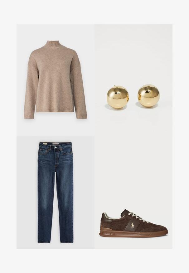 Selected Femme SLFCILLE - Džemper - irish cream/melange; Tumedat sinised otsejalgsed teksad viie taskuga, nööp- ja tõmblukkidega, ning kontrastõmblustega.; Pruunid sametist tennisetossud tekstureeritud paneelidega, valged paelad ja kuldne logo. Omavad kummist tallat ja pehmendatud kaela mugavuse tagamiseks.; Kuldne ümarate stud-kõrvarõngad, millel on poleeritud viimistlus ja väike post. Omavad siledat tekstuuri ja peegeldavat pinda.