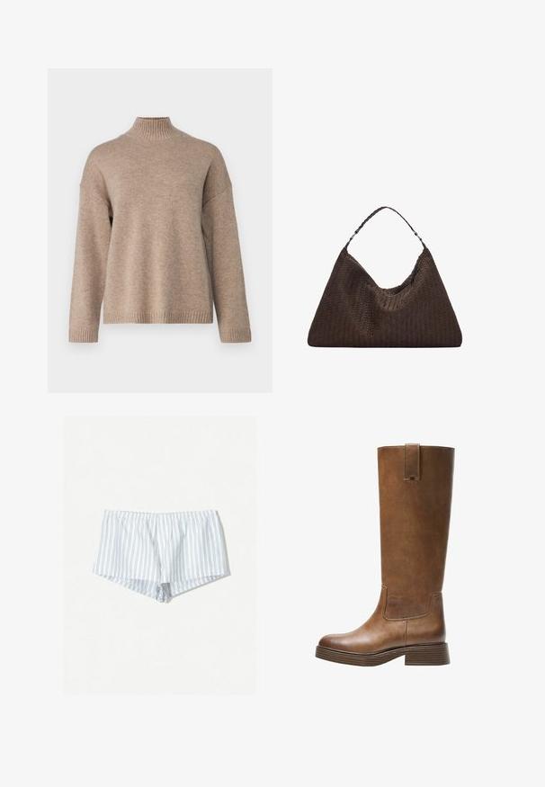 Selected Femme SLFCILLE - Pulóver - irish cream/melange; Fehér rövidnadrág kék csíkokkal, rugalmas derékpánttal és laza fazonnal. Elöl gombdíszítéssel rendelkezik, puha szövet textúrával.; Barna bőr, térd fölé érő csizma kerek orral, texturált felülettel és alacsony, stakolt sarokkal. Oldalsó panel és húzóhurok található a tetején.; Barna szőtt bőr kézitáska, amely laza, háromszög alakú. Fonott füllel és felső cipzárral rendelkezik.