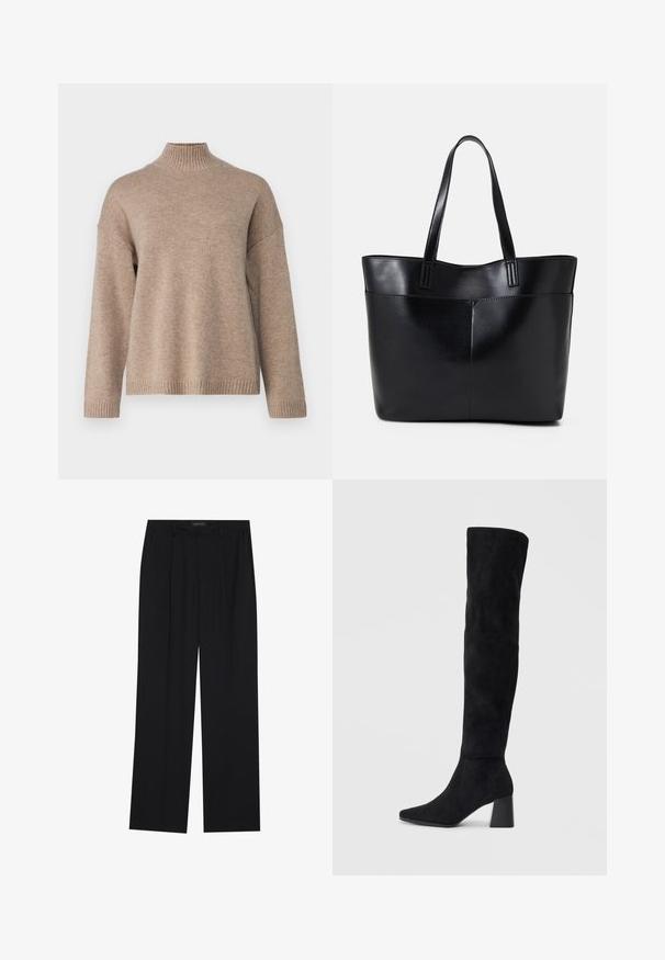 Selected Femme SLFCILLE - Pulover - irish cream/melange; Pantaloni negri cu un design drept, dotati cu doua buzunare frontale si un talie. Fabricati dintr-un material usor si neted.; Cizme negre din suede, cu toc bloc, vârf ascuțit și un design neted, fără cusături, pe un fundal deschis.; Geantă oversized din piele neagră, cu două mânere lungi, de textură netedă și formă structurată. Are un buzunar frontal pentru stocare suplimentară.