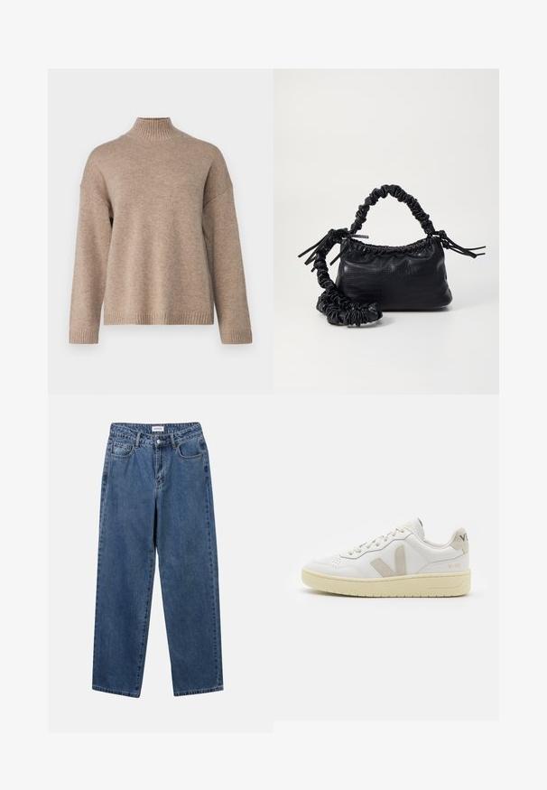 Selected Femme SLFCILLE  - Pulover - irish cream/melange; Klasične modre jeans hlače s ravnim krojem, petimi žepi in gumbom za zapiranje. Imajo srednje pranje in trdno teksturo.; Bela usnjena tenisača z bež semiš poudarki, perforiranim prednjim delom, ravnimi vezalkami in strukturiranim kremnim podplatom. Ima diskretno blagovno znamko na peti.; Črna torbica iz umetnega usnja s krokodilovo teksturo, z zvitim vrhom in zmečkano naramico. Zdi se mehka in kompaktna v oblikovanju.