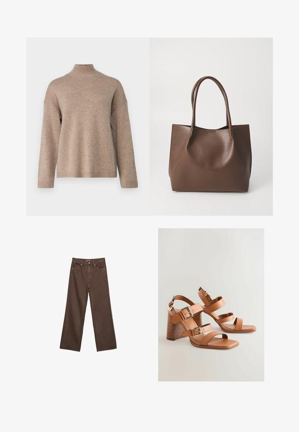 Selected Femme SLFCILLE - Vesta - irish cream/melange; Proširene smeđe traperice od denima, s visokim strukom, prednjim džepovima i klasičnom kopčom na dugme. Glatka tekstura s suptilnim šavovima.; Smeđe kožne sandale na visoku petu s više remena, zlatnim akcentima i kutnim blok-petama. Glatka tekstura, dizajn s otvorenim prstima.; Smeđa kožna torba s dugim ručkama, strukturiranog oblika, glatke teksture i minimalističkog dizajna. Nema vidljivih metalnih dijelova ili ukrasa.