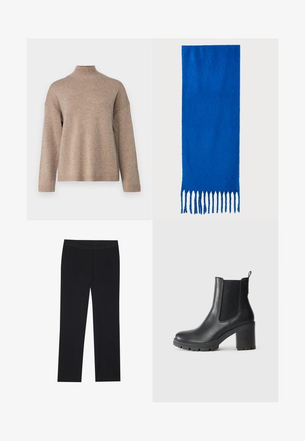 Selected Femme SLFCILLE - Džemper - irish cream/melange; Mustad püksid otse lõikega, küljetaskud ja sile kangatekstuur. Minimalistlik detailide valik, puhas vöökoht.; Must must nahkasaapad elastsete külgpaneelidega, paksu kummitald ja kõrge plokkkonts. Tagaküljel on tõmbeheebel.; Sinine frilliga sall pehmest kangast; omab ühtlast värvi tekstuuriga pinnaga ja ühtlaselt lõigatud frilli allosas.; Must mustaga musta nahast, millel on kaks pikka kanda, sile tekstuur ja struktureeritud kuju. Esipoolsel on lisakoti jaoks tasku.