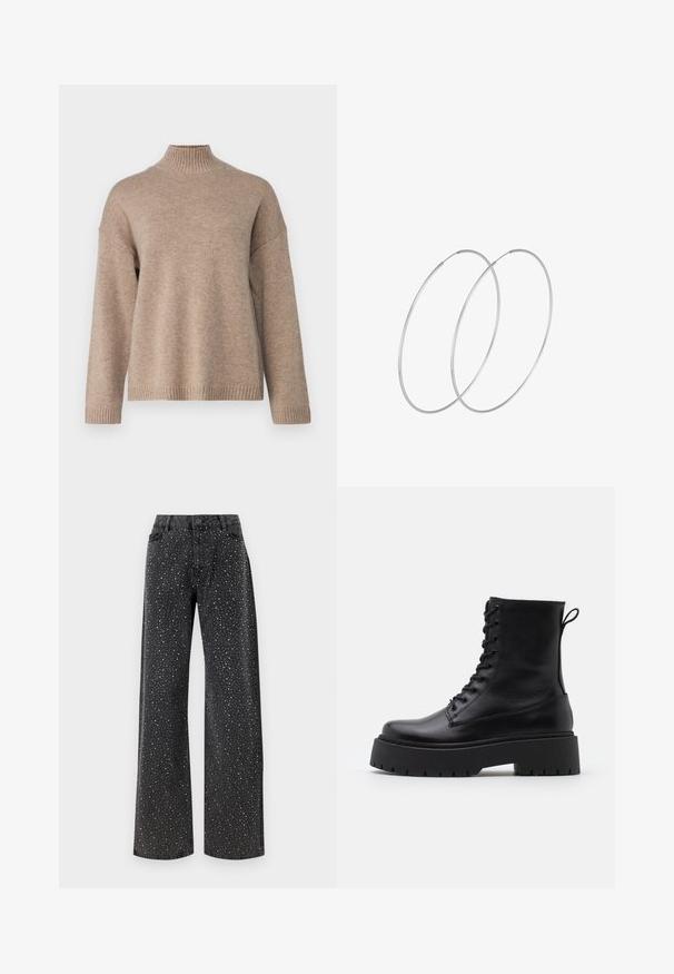 Selected Femme SLFCILLE - Maglione - irish cream/melange; Noisy May NMJANNEL LOOSE - Jeans baggy - black denim; Stivaletti in pelle nera alla caviglia con punta rotonda, lace-up frontale e suola in gomma spessa con battistrada textured. Tassello sul retro.; Orecchini a cerchio in argento con un design minimalista. Forma circolare, superficie liscia e profilo sottile. Leggeri con una finitura lucida.