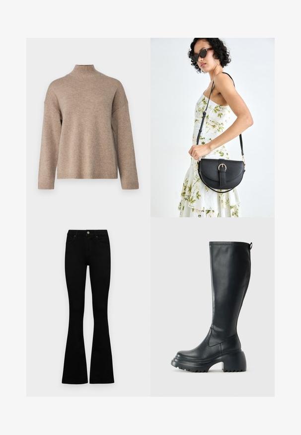 Selected Femme SLFCILLE - Camisola - irish cream/melange; Jeans pretos de cintura alta com fecho de botão e zíper, bolsos frontais e pernas largas dispostos em cima de um fundo branco.; Bota preta de couro alta com sola de plataforma robusta e salto bloco, apresentando puxador e padrão texturizado na sola.; Bolsa de couro preta com forma curva, alça destacável e detalhes em dourado. A bolsa possui uma aba com detalhe de fivela.