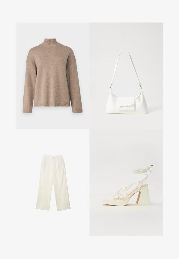 Selected Femme SLFCILLE - Strickpullover - irish cream/melange; Helle Stoffhose mit weitem Bein und glatter Textur, ausgestattet mit einem einzelnen Knopf vorne, dezenten Falten und einem Hochbund-Design.; Weiße High-Heel-Sandale mit einem klobigen Absatz, die über ein Riemchendesign und ein Knöchelband verfügt. Glatte Textur mit einer Plattform vorne für zusätzliche Höhe.; Weiße synthetische Handtasche in dreieckiger Form, flache Vorderklappe und Schleifendetail, verstellbarer Trageriemen, glatte Textur und minimalistisches Design.