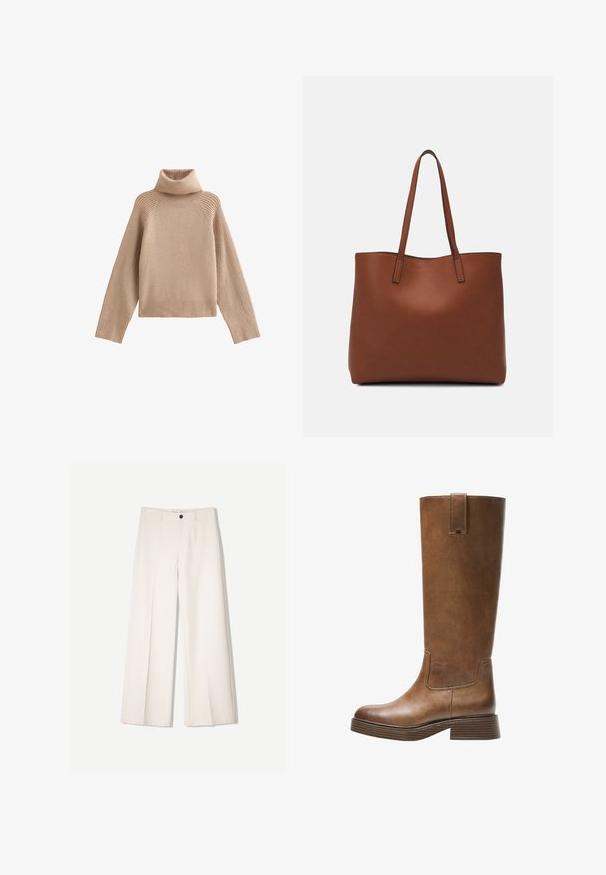 Pull col roulé beige en tissu doux. Présente une texture côtelée aux manches et à l'ourlet, avec une silhouette décontractée et des épaules tombantes.; Pantalons larges crème avec un design ajusté, comportant deux poches avant et une fermeture à un bouton sur le devant, fabriqués en tissu lisse.; Botte en cuir marron, montée jusqu'au genou, avec un bout arrondi, une surface texturée et un petit talon empilé. Elle présente un panneau latéral et une languette sur le dessus.; Sac fourre-tout en cuir marron avec une texture lisse, design à ouverture supérieure et deux poignées pour le porter à l'épaule. Présente des coutures minimales et aucun matériel visible.