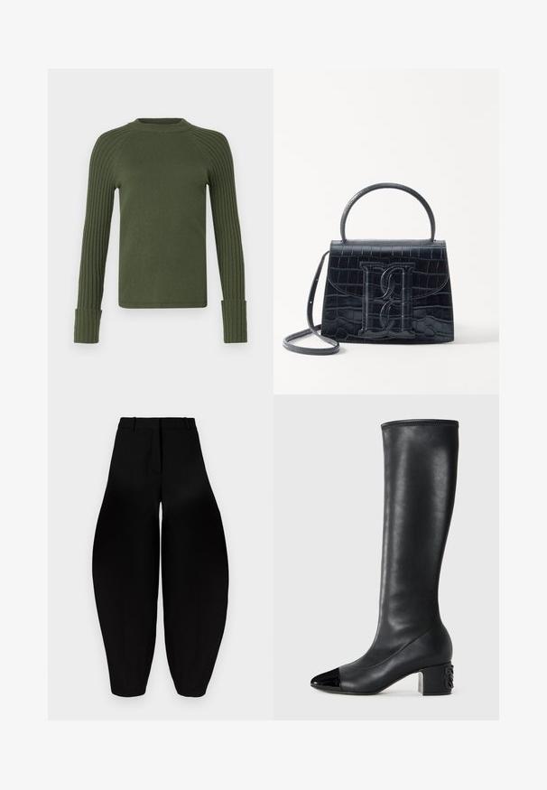 MAX&Co. CANOSSA ciemnozielony; Czarne spodnie o szerokich nogawkach z wysokim stanem, z plisowanym przodem i zwężanymi kostkami. Wykonane z gładkiego materiału o matowym wykończeniu.; Wysoka czarna skórzana boot z błyszczącym czarnym noskiem, blokowym obcasem i logo na obcasie, pokazana na jednolitym jasnym tle.; Czarna torebka z tłoczonej skóry krokodyla o zorganizowanej konstrukcji, z górnym uchwytem, regulowanym paskiem i wyraźnym detalem z logo z przodu.
