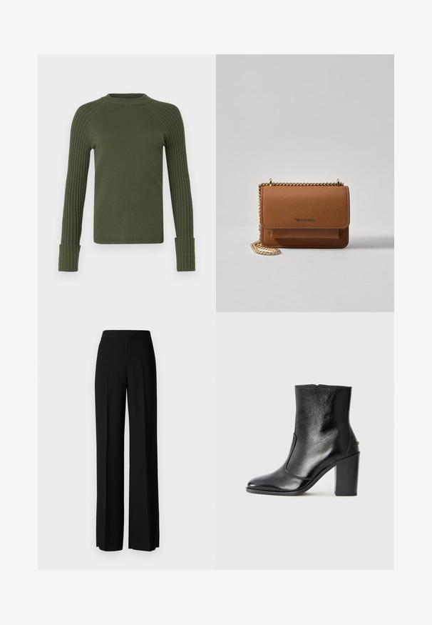 MAX&Co. CANOSSA ciemnozielony; Czarne spodnie o szerokim kroju, o gładkiej fakturze, z wysokim stanem i centralnymi kantami. Brak widocznych wzorów lub detali metalowych.; Czarne skórzane botki za kostkę o gładkiej fakturze, spiczastym nosku i grubym wysokim obcasie. Posiadają boczne wycięcie i minimalistyczny design.; Brązowa skórzana torba na ramię z teksturą, z złotym łańcuszkiem i zapięciem na klapkę. Z przodu znajduje się detal z logo oraz kieszeń pod klapką.