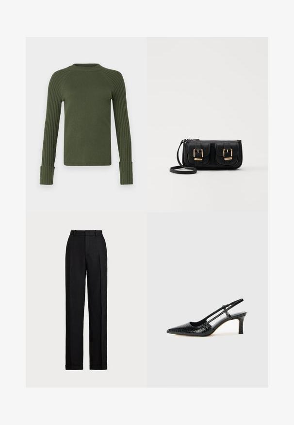 MAX&Co. CANOSSA - Jumper - gruen; Black, high-waisted trousers made of linen. Features a straight leg, pressed creases, and cuffs at the hem. No visible pockets or fasteners.; Black patent slingback heel with a pointed toe, featuring textured snake print, adjustable strap, and a short, textured block heel.; Black leather crossbody bag with two front pockets, gold buckles, zipper closure, and a slim strap. Textured surface and compact rectangular shape.
