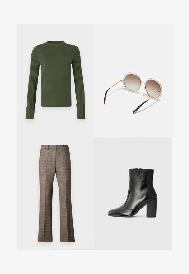 MAX&Co. CANOSSA - Strickpullover - gruen; Braune karierte Hose mit geradem Bein, die aus einem strukturierten Stoff gefertigt ist und dezente Farbtöne von Beige und dunkleren Brauntönen im Muster aufweist.; Schwarze Leder-Stiefelette mit glatter Textur, spitzem Fuß und klobigem hohen Absatz. Verfügt über eine seitliche Öffnung und ein minimalistisches Design.; CHLOÉ CARLINA OVERSIZED ROUND METAL SUNGLASSES - Sonnenbrille - gold-coloured/brown