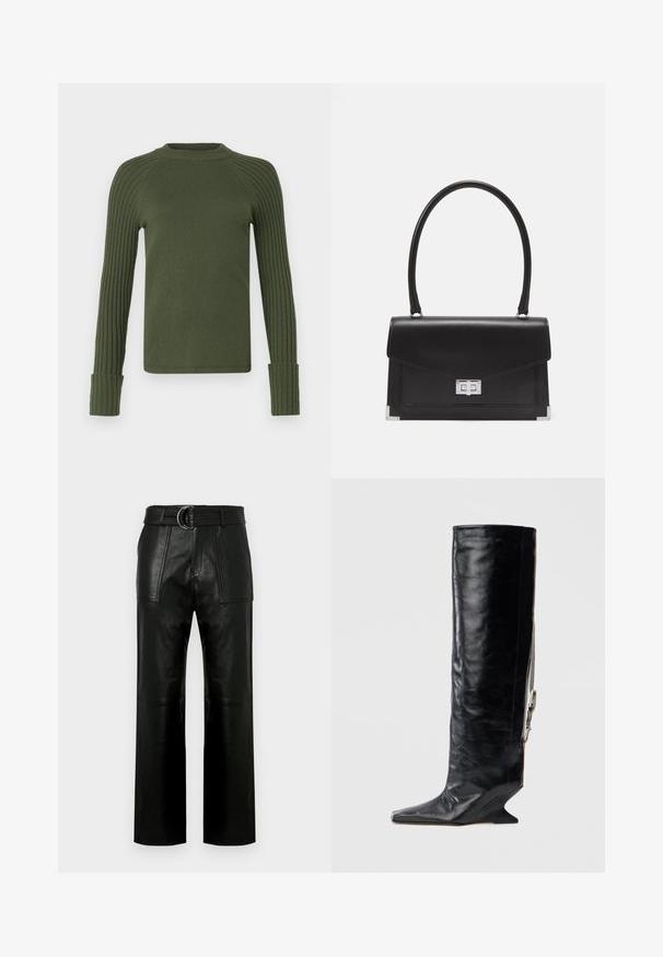MAX&Co. CANOSSA - Pullover - gruen; Pantalons en cuir noir taille haute avec des jambes larges, grandes poches frontales et une ceinture assortie avec une boucle à double anneau.; Botte noire en cuir jusqu'au genou avec un bout pointu, un talon compensé unique et un accent de chaîne latérale. Texture lisse avec une finition brillante.; Sac à main en cuir noir au design structuré, avec une poignée supérieure et un fermoir en argent. Présente des accents aux coins et une texture lisse.