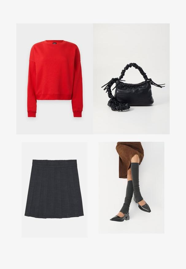 Sweatshirt vermelho de manga longa com gola redonda, com punhos e bainha canelados, ajuste ligeiramente cortado e etiqueta GAP dentro do decote.; Saia pregueada cinza escuro com cintura elástica, apresentando um tecido texturizado e uma silhueta clássica em A. Adequada para uso casual.; Sapatos pretos de pele lacada com biqueira pontuda, salto bloco e tiras no tornozelo, combinados com caneleiras cinzas em malha e uma saia de camurça castanha.; Bolsa de mão em couro sintético preto com textura de crocodilo, topo franzido e alça enrugada. Apresenta um design suave e compacto.