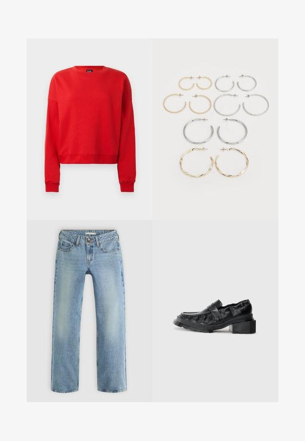 Red pullover sweatshirt made of soft fabric, featuring a round neckline, long sleeves, and a cropped design with ribbed cuffs.; Two long-sleeve tops. One white and one black, both lightweight cotton with a wide boat neckline and slim fit.; Light blue straight-leg jeans made of denim, featuring a button closure, five pockets, and subtle fading along the legs.; Black leather loafers with a structured sole, featuring a slightly raised block heel and a textured upper, secured by a front strap.; Set of twelve hoop earrings in silver and gold tones. Includes twisted, smooth, and textured designs with various sizes and finishes.