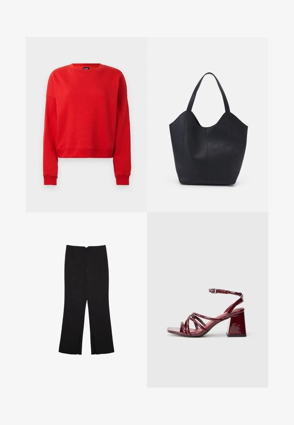 Czerwona długosługa bluza crewneck z prążkowanymi mankietami i dolnym wykończeniem, lekko skrócony krój oraz metką GAP wewnątrz dekoltu.; Czarne spodnie o prostym kroju, z przednimi kieszeniami i bocznymi rozcięciami na dole. Wykonane z miękkiego, gładkiego materiału. Odpowiednie na różne okazje.; Patynowane burgundowe sandały na obcasie z kwadratowym noskiem, wyposażone w liczne splecione paski i masywny słupkowy obcas. Regulowane zapięcie wokół kostki.; Czarna torba na ramię wykonana z gładkiej skóry, z zaokrąglonym, otwartym topem i dwoma paskami na ramię oraz minimalistycznym designem.