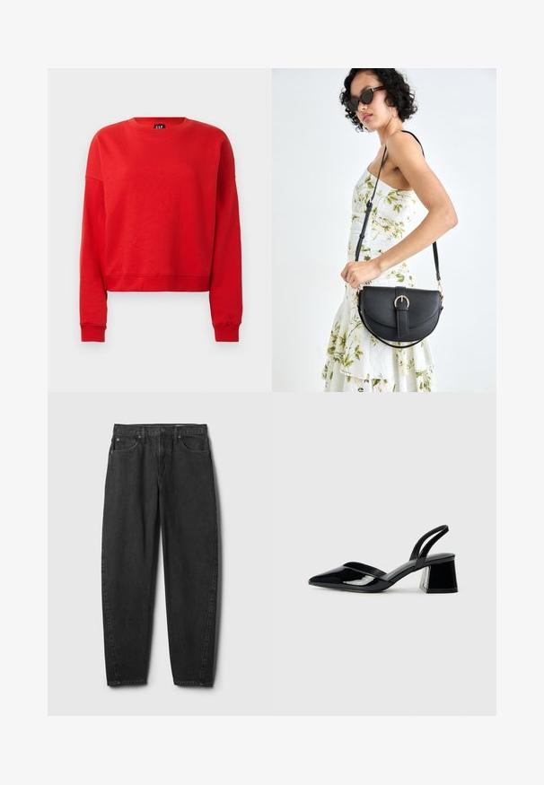 Sudadera de manga larga roja con cuello redondo, puños y dobladillo acanalados, ajuste ligeramente corto y etiqueta de GAP en el interior del cuello.; Vaqueros de mezclilla negros con corte recto, que cuentan con cinco bolsillos, cierre de botón y detalles de costura mínimos. Diseño y textura clásica.; Zapatos de tacón slingback de charol negro con punta afilada y tacón geométrico en bloque. Presentan un diseño elegante y minimalista, así como una textura suave.; Bolso de piel negra con forma curva, correa desmontable y herrajes dorados. El bolso cuenta con una solapa con un detalle de hebilla.