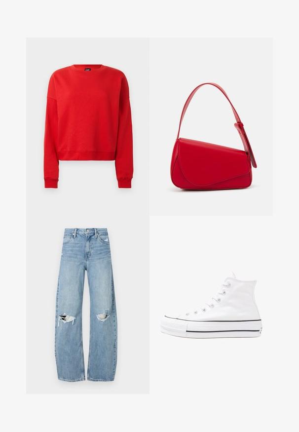 Czerwona długosługa bluza crewneck z prążkowanymi mankietami i dolnym wykończeniem, lekko skrócony krój oraz metką GAP wewnątrz dekoltu.; Jasnoniebieskie, wysokiej talii dżinsy wykonane z denimu. Posiadają szerokie nogawki, dwa podarte miejsca na kolanach oraz klasyczne pięć kieszeni.; Białe wysokie trampki z płótna z czarną gumową podeszwą, przednim czubkiem z gumy i sześcioma dziurkami na sznurowadła, charakteryzujące się prostym, minimalistycznym designem.; Czerwona skórzana torebka o kanciastym, geometrycznym designie. Posiada jedną regulowaną rączkę oraz zapięcie na klapę z przeszyciami.