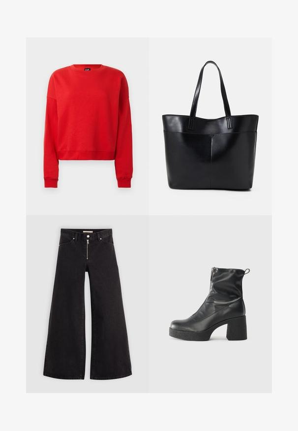 Röd långärmad tröja med rund halsringning, med ribbade muddar och nederkant, något kortare passform och GAP-märke inuti halsringningen.; Breda jeans i svart denim med dragkedja fram, femfickorsdesign och subtila sömdetaljer. Slät textur och avslappnad stil.; Svarta ankelstövlar i slitstark läder, med sidodragkedja, kraftig strukturerad klack och rundad tådesign.; Svart läder tote-väska med två långa handtag, en slät yta och en strukturerad form. Har en framficka för extra förvaring.