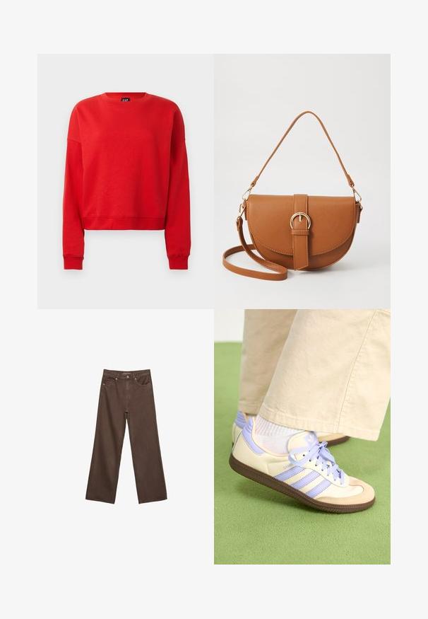 Röd pullovertröja i mjukt tyg, med rund halsringning, långa ärmar och en kortare design med ribbade muddar.; Breda bruna jeans i denim med hög midja, framfickor och klassisk knäppning. Slät textur med subtil sömnad.; Krämfärgade och lavendelfärgade sneakers med tre ränder och en texturerad brun sula, med snören och en vadderad häl. Mjuk tygobero.; Brun läder crossbody-väska med en böjd form, gyllene detaljer och en spänneaccent. Har en avtagbar axelrem.