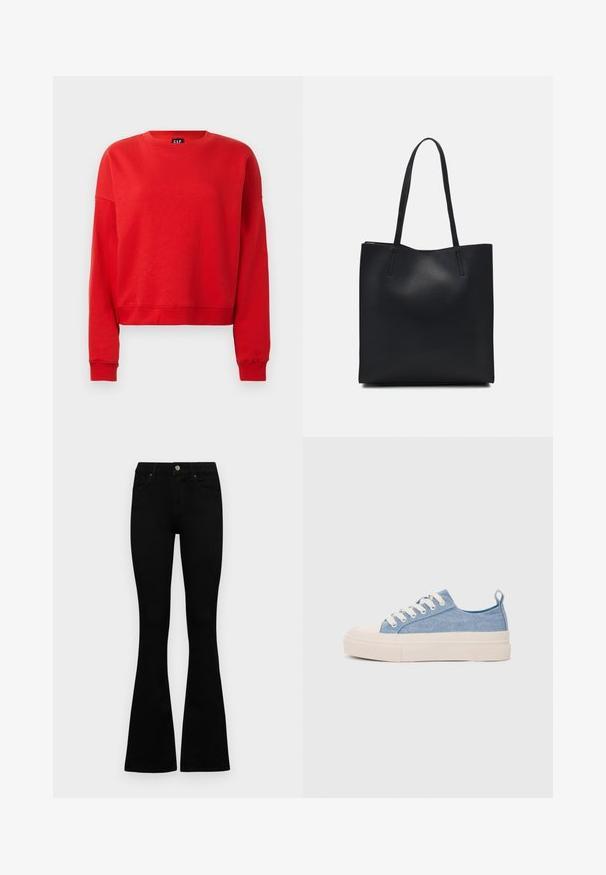 Sarkans garo piedurkņu džemperis ar ribotām aprocēm un apakšmalu, nedaudz īsāks piegriezums un GAP etiķete kaklā.; Melni augsta jostas šorti ar pogu un rāvējslēdzēju, priekšējām kabatām un izplestām kājām, nolikti uz balta fona.; Gaiši zili kanvas sneakeri ar krēmkrāsas gumijas pirksta aizsargu un ārējo zoli, aprīkoti ar baltām šņorēm un cilpu uz papēža.; Melnas ādas somiņa ar gludu tekstūru, taisnstūra formu un divām garām rokturiem. Nav redzamu aparatūras vai rotājumu.