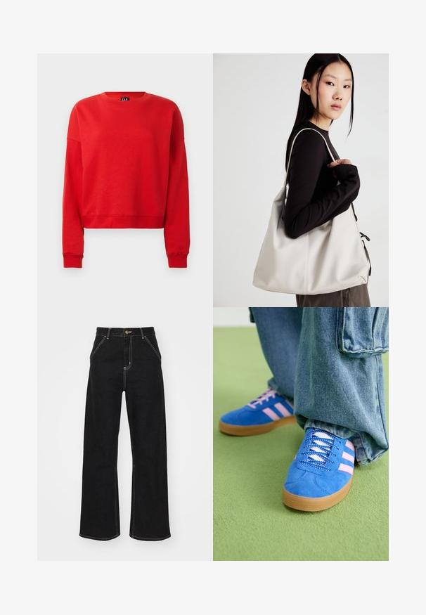 Czerwona długosługa bluza crewneck z prążkowanymi mankietami i dolnym wykończeniem, lekko skrócony krój oraz metką GAP wewnątrz dekoltu.; Czarne dżinsy o szerokich nogawkach, wykonane z denimu, z kontrastowym białym szwem i zapięciem na guzik z przodu, posiadające dwie ukośne kieszenie z przodu.; Niebieskie zamszowe buty z różowymi paskami i białymi sznurowadłami, z gumową podeszwą, zestawione z luźnymi dżinsami na zielonej powierzchni.; Beżowa torebka wykonana z miękkiego materiału, charakteryzująca się luźnym fasonem, wyszywanymi detalami i dwoma uchwytami na ramię. Idealna na co dzień.