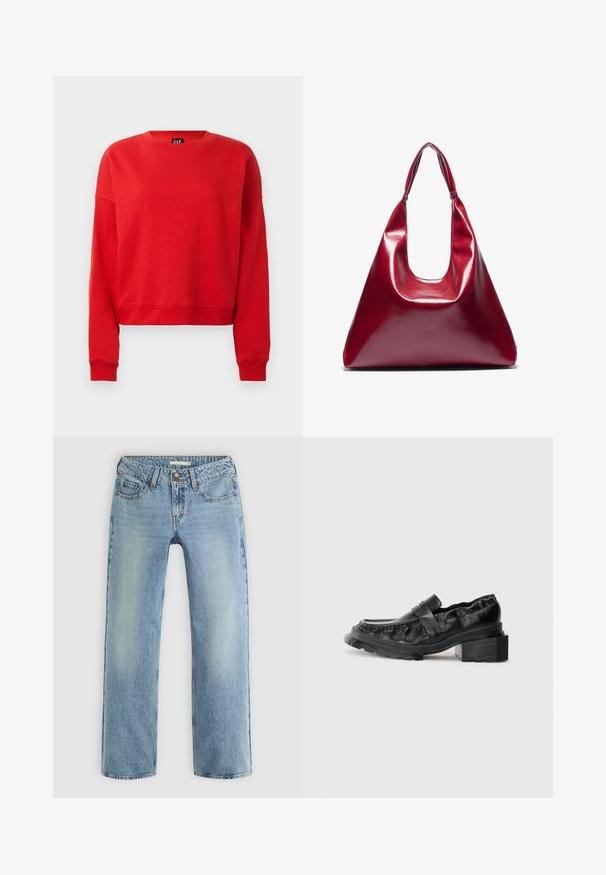 Röd pullovertröja i mjukt tyg, med rund halsringning, långa ärmar och en kortare design med ribbade muddar.; Ljust blå raka jeans i denim med knappstängning, fem fickor och subtila blekningar längs benen.; Svarta läderloafers med en strukturerad sula, som har en något upphöjd klack och en texturerad ovandel, säkrad med ett framgående band.; Röd glansig läderhandväska med triangulär form, bred öppning upptill och ett enda krökt handtag. Slät textur med minimala sömnadsdetaljer.; Set med tolv hoops i silver- och guldtoner. Inkluderar snurra, släta och texturerade designer i olika storlekar och ytor.
