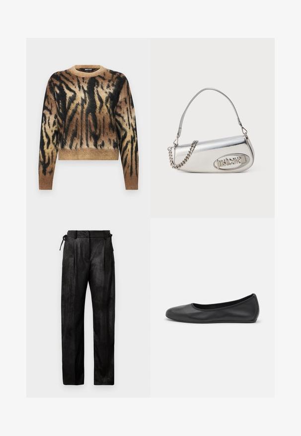 Barna és fekete állatmintás pulóver, kerek nyakkal, hosszú ujjal és puha, texturált kötött anyagból. Rövidített fazon.; Fekete, hosszú ujjú crop top, texturált anyagból, testhez álló fazonnal és ráncolt részletekkel a mellen.; Fekete, magas derekú nadrág, texturált anyagból. Egyenes lábú, redők, és állítható zsinór a deréknál.; Fekete bőr balettcipő lekerekített orral, sima tekstúrával, minimális varrással és rugalmas talp kialakítással.; Ezüst fémes kézitáska lekerekített háromszög alakú, logóval, láncos pánttal és sima textúrával. Oldalán cipzáras záródás.