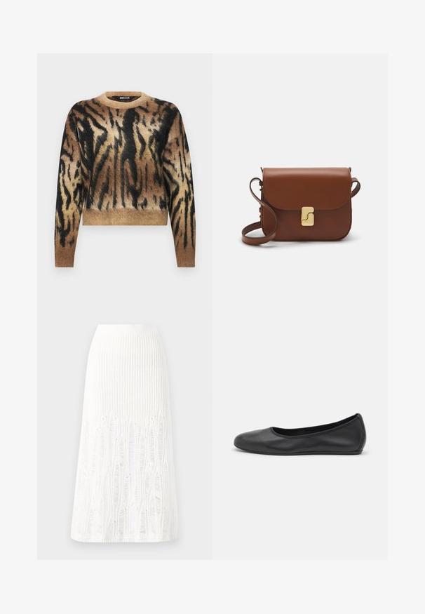 Maglione a stampa animale marrone e nero, con collo a girocollo, maniche lunghe e un morbido tessuto a maglia testurizzato. Design cropped.; T-shirt bianca a maniche corte realizzata in tessuto a costine. Collo rotondo, vestibilità regolare e dettagli di cucitura sottili. Senza motivi o grafiche.; Gonna midi bianca in maglia con un motivo testurizzato a righe verticali e dettagli a taglio vicino all'orlo. Vita elasticizzata. Materiale morbido.; Pantofole da balletto nere in pelle con punta arrotondata, texture liscia, dettagli di cucitura minimi e design con suola flessibile.; Borsa a tracolla in pelle marrone con chiusura a pattina, hardware color oro, tracolla e una finitura liscia. Forma rettangolare compatta.